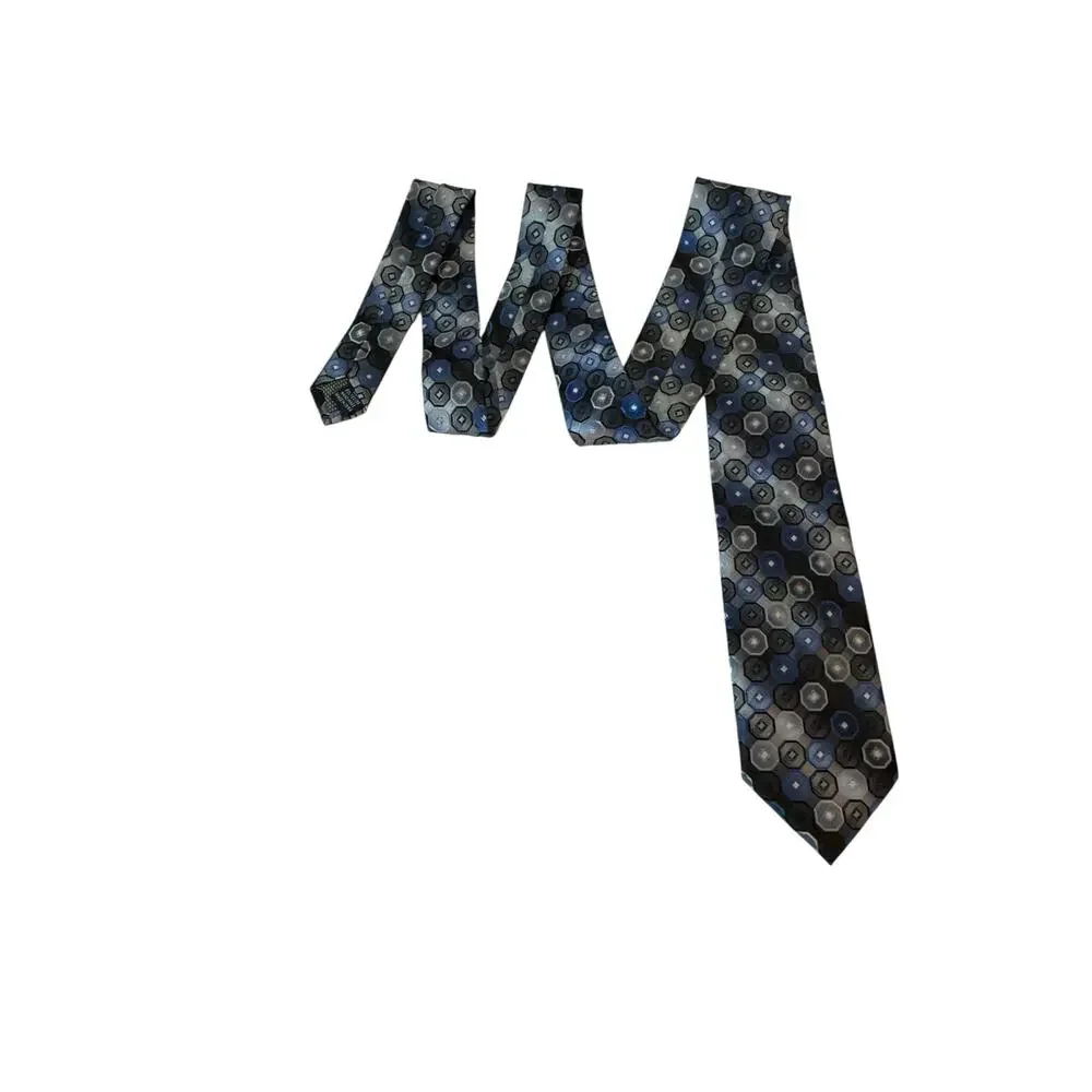 VTG Croft & Barrow‎ Blue Black Silver Geometric Silk Necktie Hexagon Pattern Tie